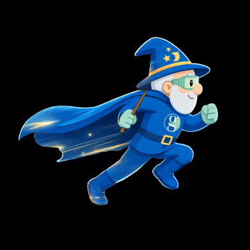 The wizard sprints forward with an energetic, rhythmic stride. His long blue cape billows dynamically behind him, leaving a trail of shimmering, golden magical particles that sparkle in the wake of his